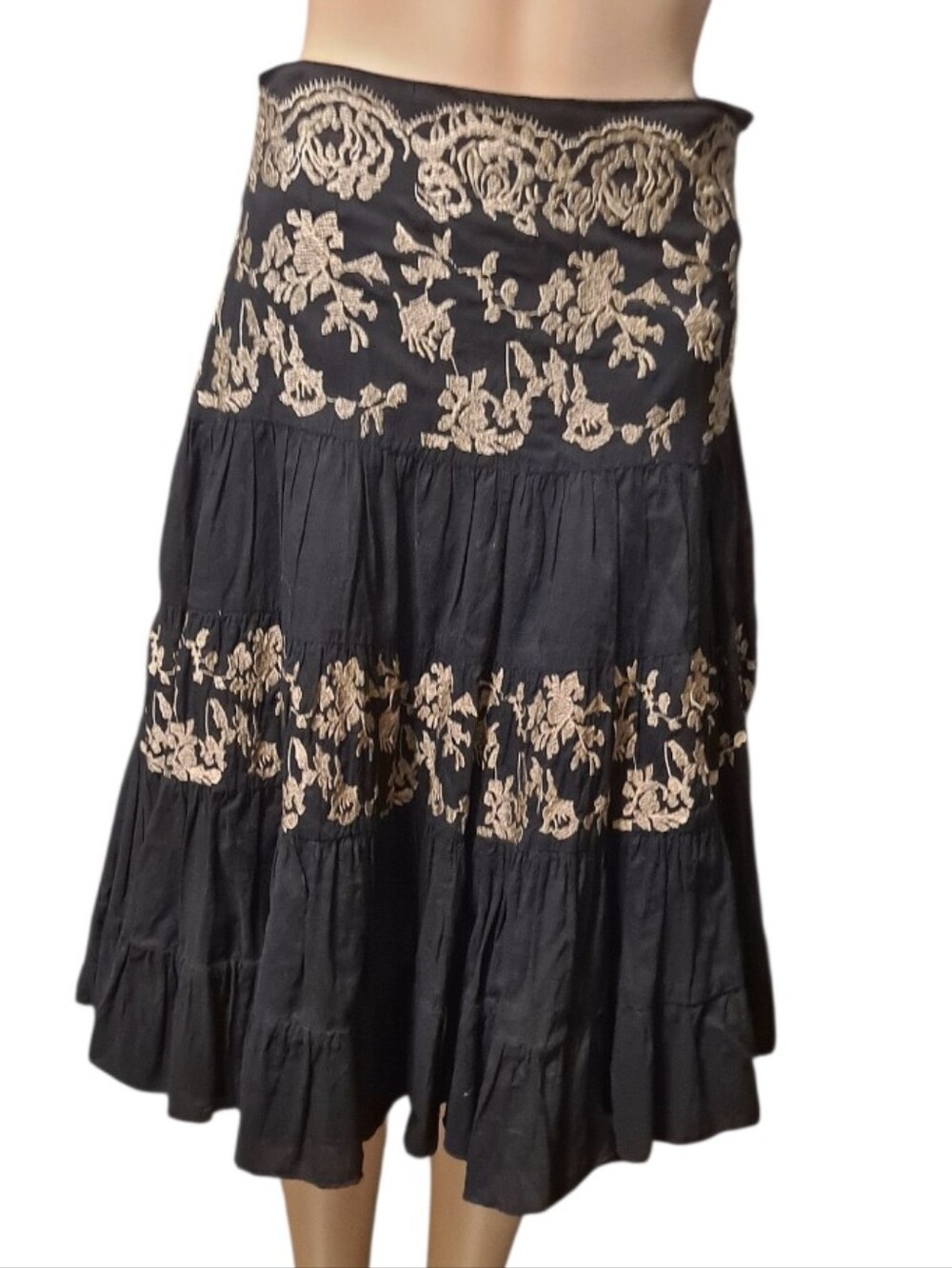 Ochi Black Layered Tiered Midi Side Zip Skirt with Gold Floral Embroidery